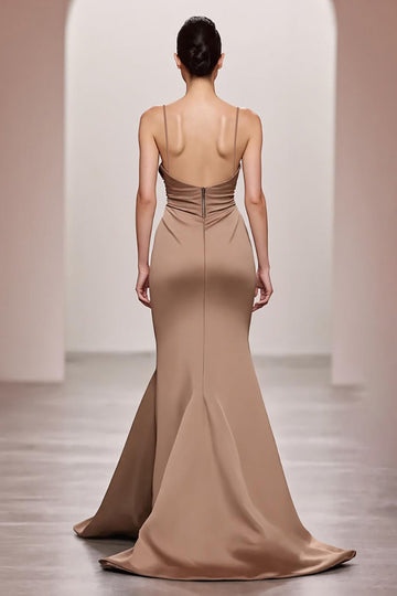 Coffee Satin Mermaid Spaghetti Straps Long Evening Dress